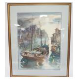 1167	FRAMED AND MATTED ASIAN WATERCOLOR OF A HARBOR SCENE, APPROXIMATELY 24 IN X 29 IN OVERALL