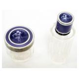 1180	FRENCH ENAMLED TOP GLASS PERFUME WITH STERLING SILVER COLLAR AND STERLING ENAMELED JAR, BOTH HA