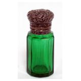 1181	EMERALD GREEN GLASS PERFUME WITH HINGED SILVER LID, APPROXIMATELY 2 1/2 IN H