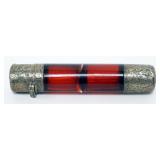 1182	RUBY GLASS DOUBLE PERFUME WITH TOOLED SILVER END CAPS, APPROXIMATELY 4 IN LONG