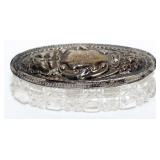 1184	CUT GLASS OVAL BOX WITH SILVER LID, APPROXIMATELY 3 IN X 1 1/2 IN X 1 IN H