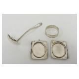 1188	STERLING SILVER NAPKIN RING, PICTURE FRAME AND SILVER PLATE LADLE, STERLING ITEMS 1.07 OZT