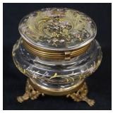 1189	VICTORIAN ENAMEL DECORATED GLASS DRESSER BOX ON BRASS FOOTED BASE, APPROXIMATELY 4 IN X 3 1/2 N