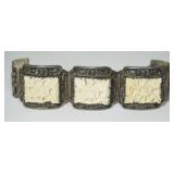 1201	SILVER INLAID BRACELET MARKED CHINA SILVER, INLAID PIECES HAVE A FLORAL DESIGN, 1.11 OZT TOTAL 