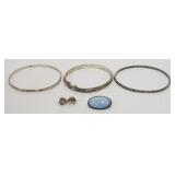 1214	LADIES STERLING SILVER JEWELRY ASSORTMENT INCLUDING 3 BANGLE BRACELET, 1 BLUE STONE PIN AND AME