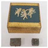 1237	1 GILT WOOD ITLAY CHERUB DRESSER BOX, 2 STERLING SILVER DRESSER BOX 1.21 OZT, WITH 1 SILVER BOX