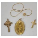1241	RELIGIOUS JEWLERY INCLUDING GOLD FILLED CROSS, 1/20 12K PENDANT AND 14K CHAIN WITH CROSS 1.11 D