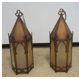 1245	PAIR OF GOTHIC METAL AND FROSTED GLASS HANGING FIXTURES, EACH APPROXIMATELY 12 IN X 38 IN H
