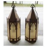 1246	PAIR OF GOTHIC METAL AND FROSTED GLASS HANGING FIXTURES, EACH APPROXIMATELY 12 IN X 38 IN H