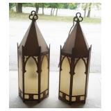 1247	PAIR OF GOTHIC METAL AND FROSTED GLASS HANGING FIXTURES, EACH APPROXIMATELY 12 IN X 38 IN H, 1 