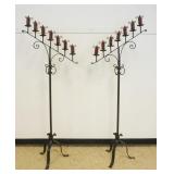 1251	PAIR OF GOTHIC STYLE FLOOR STANDING WROUGHT IRON CANDLEABRAS, ADJUSTABLE IN HEIGHT, EACH APPROX