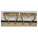 1259	PAIR OF GILT WOOD MARBLE TOP WALL MOUNTED STANDS, APPROXIMATELY 46 IN X 14 IN X 33 IN H
