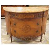 1260	BERMAN FURNITURE FRENCH STYLE MARBLE TOP DEMILUNE CHEST WITH INLAID FLORAL DESIGN AND METAL MOU