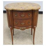 1261	FRENCH MARBLE TOP 2 DRAWER STAND WITH APPLIED METAL MOUNTS AND BANDED INLAY TRIM, APPROXIMATELY