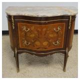1262	FRENCH MARBLE TOP FLORAL INLAID 2 DRAWER COMMODE WITH METAL MOUNTS, SOME VENEER LOSS