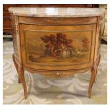 1266	CONTINENTIAL PAINT DECORATED 1 DOOR MARBLE TOP COMMODE WITH APPLIED MOUNTS AND IMAGE OF COURTIN