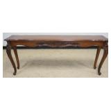 1267	CHERRY 2 DRAWER NARROW FRENCH PROVENCIAL SOFA TABLE, SKIRT CARVED ALL AROUND, APPROXIMATELY 72 