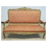 1269	ANTIQUE CARVED GILTWOOD UPHOLSTERED SETTEE, APPROXIMATELY 687 IN X 32 IN X 51 IN H