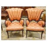 1290	PAIR OF UPHOLSTERED FAN BACK CURVED ARM CHAIRS, EACH APPROXIMATELY 30 IN X 23 IN X 42 IN H