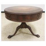 1296	MAHOGANY 1 DRAWER LEATHER TOP DRUM TABLE, CARVED BALL & CLAW FEET, WEAR TO FINISH AND 1 DRAWER 