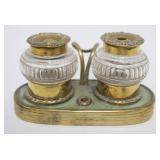 1004	ANTIQUE DOUBLE INKWELL W/2 GLASS WELLS W/BRASS CAPS IN HOLDER, APPROXIMATELY 5 IN X 2 1/2 IN X 