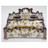 1009	PORCELAIN FRENCH FAIENCE DOUBLE INKWELL, MISSING WELLS, APPROXIMATELY 8 IN X 6 IN X 5 IN HIGH