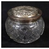 1022	CUT GLASS POWDER JAR W/STERLING SILVER LID, APPROXIMATELY 3 IN HIGH
