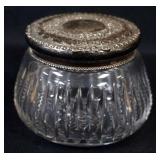 1023	CUT GLASS POWDER JAR W/STERLING SILVER LID, APPROXIMATELY 3 IN HIGH