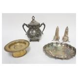 1025	STERLING SILVER WEIGHTED SALT & PEPPER SHAKERS & ASSORTED SILVERPLATE INCLUDING TRAY, SUGAR, ET
