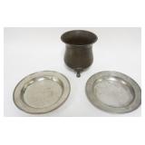 1027	BRONZE FOOTED VASE & 2 PEWTER BOWLS, VASE APPROXIMATELY 7 IN HIGH, BOWLS APPROXIMATELY 8 1/2 IN
