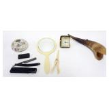 1028	GROUP OF ASSORTED ITEMS, RS PRUSSIA HAIR RECEIVER, STRAIGHT RAZOR, GLOVE STRETCHER, MIRROR, CAR