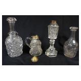 1032	GROUP OF ASSORTED ANTIQUE FLINT GLASS, DECANTORS, KEROSENE LAMP & SYRUP, TALLEST PIECE APPROXIM