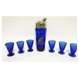 1036	ART DECO SILVER OVERLAY COCKTAIL SHAKER W/IMAGE OF HUNT SCENE W/6 GLASSES, SHAKER APPROXIMATELY