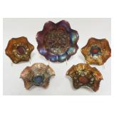 1039	CARNIVAL GLASS ASSORTMENT INCLUDING GRAPE & CABLE, 3 FRUITS, LARGEST PIECE APPROXIMATELY 8 1/2 