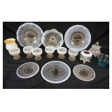 1040	GROUP OF ASSORTED GLASS INCLUDING HOBNAIL PLATES, SHERBETS, CASED GLASS SHADE, ETC, LARGEST PIE