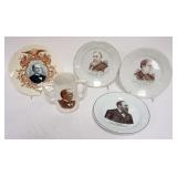 1042	GROUP OF ANTIQUE PORCELAIN TRANSFERWARE POLITICAL PLATES & MUGS, JAMES GARFIELD, LEVI P MORTON,