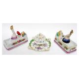 1045	VINTAGE *NAUGHTY NODDER* GIRL ASHTRAYS & DRESDEN CIGARRETTE HOLDER, ONE W/FAN MISSING, LARGEST 