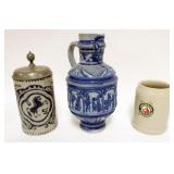 1046	GERMAN STONEWARE PITCHER, PEWTER LID STEIN & STONEWARE MUG, TALLEST PIECE APPROXIMATELY 10 1/2 
