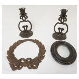 1054	GROUP OF ASSORTED CAST IRON ITEMS INCLUDING CANDLESTICKS, WREATH & OVAL FRAME, CANDLESTICKS MAR