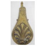 1059	ANTIQUE BRASS POWDER FLASK W/EMBOSSED DESIGN ON BOTH SIDES, APPROXIMATELY 9 IN HIGH
