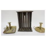 1061	ANTIQUE BRASS PUSH UP CANDLESTICKS & 18 PART TIN CANDLE MOLD, LARGES PIECE APPROXIMATELY 8 1/2 