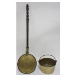 1063	ANTIQUE BRASS BEDWARMER W/ETCHED DESIGN ON LID & BRASS POT, BEDWARMER APPROXIMATELY 11 IN X 42 