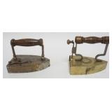 1083	2 ANTIQUE COAL FLAT IRONS, ONE BRASS MARKED G ELIASON NO 2, LARGEST APPROXIMATELY 6 IN X 4 IN X