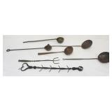 1107	GROUP OF ASSORTED PRIMITIVE METAL LADLES, HAND FORGED FORK, CORN COB DRYING RACK, LARGEST APPRO