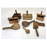 1120	GROUP OF ASSORTED PRIMITIVE WOOD BUTTER MOLDS AND SCOOPS, LARGEST APPROXIMATELY 8 IN X 5 IN X8 