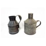 1121	2 PRIMITIVE TIN PITCHERS, 1 WITH STAMPED TAG, J.D. WILKINSON, PLATTSBURG, NY, TALLEST APPROXIMA