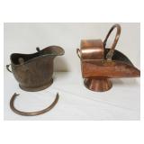1124	ANTIQUE COPPER COAL SKUTLES, 1 WITH HANDLE SEPERATED, LARGEST APPROXIMATELY 17 IN X 10 IN X 15 