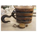 1127	UNION HARDWARED BLOCK AND TACKLE PULLEY AND SMALLER PULLY, LARGEST APPROXIMATELY 25 IN X 9 IN X