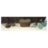 1159	GROUP OF PRIMITIVES INCLUDING EGG CRATE, COPPER WASH TUB, WATERING CANS AND SPOUTS