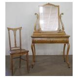 1164	ANTIQUE QUARTER SAWN OAK VANITY WITH 2 DRAWERS, MIRROR TOP AND CHAIR, APPROXIMATELY 36 IN X 19 